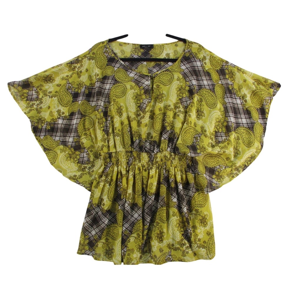 Sam & Max Lime Green Paisley Plaid Smocked‎ Waist Dolman Blouse 1X P3910-WE3